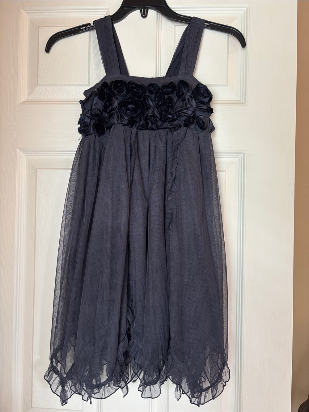 Girls Navy Floral-Trim Tulle Party Dress